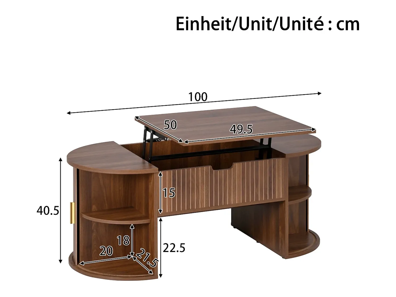 Mesa De Centro*ModernLuxe Mesa de centro ovalada ajustável em altura 100x50x40,5 cm - Prateleiras abertas e armazenamento oculto - 2 portas de correr - MDF - Marrom Castanho
