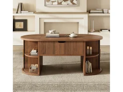 Mesa De Centro*ModernLuxe Mesa de centro ovalada ajustável em altura 100x50x40,5 cm - Prateleiras abertas e armazenamento oculto - 2 portas de correr - MDF - Marrom Castanho