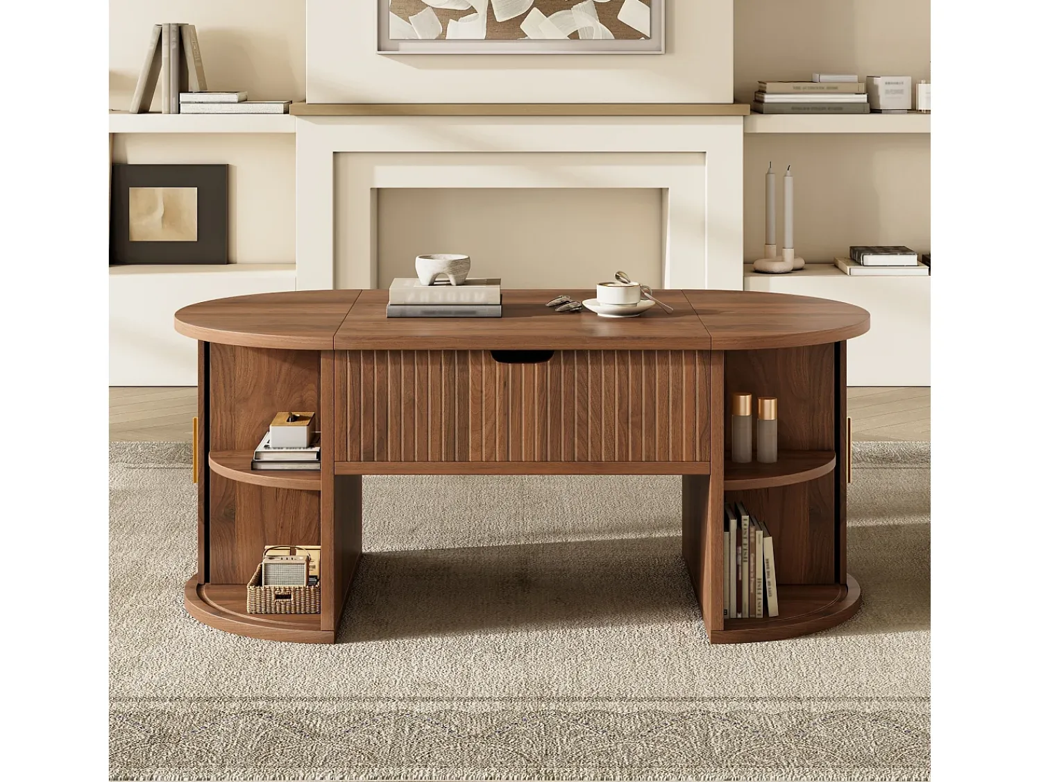 Mesa De Centro*ModernLuxe Mesa de centro ovalada ajustável em altura 100x50x40,5 cm - Prateleiras abertas e armazenamento oculto - 2 portas de correr - MDF - Marrom Castanho