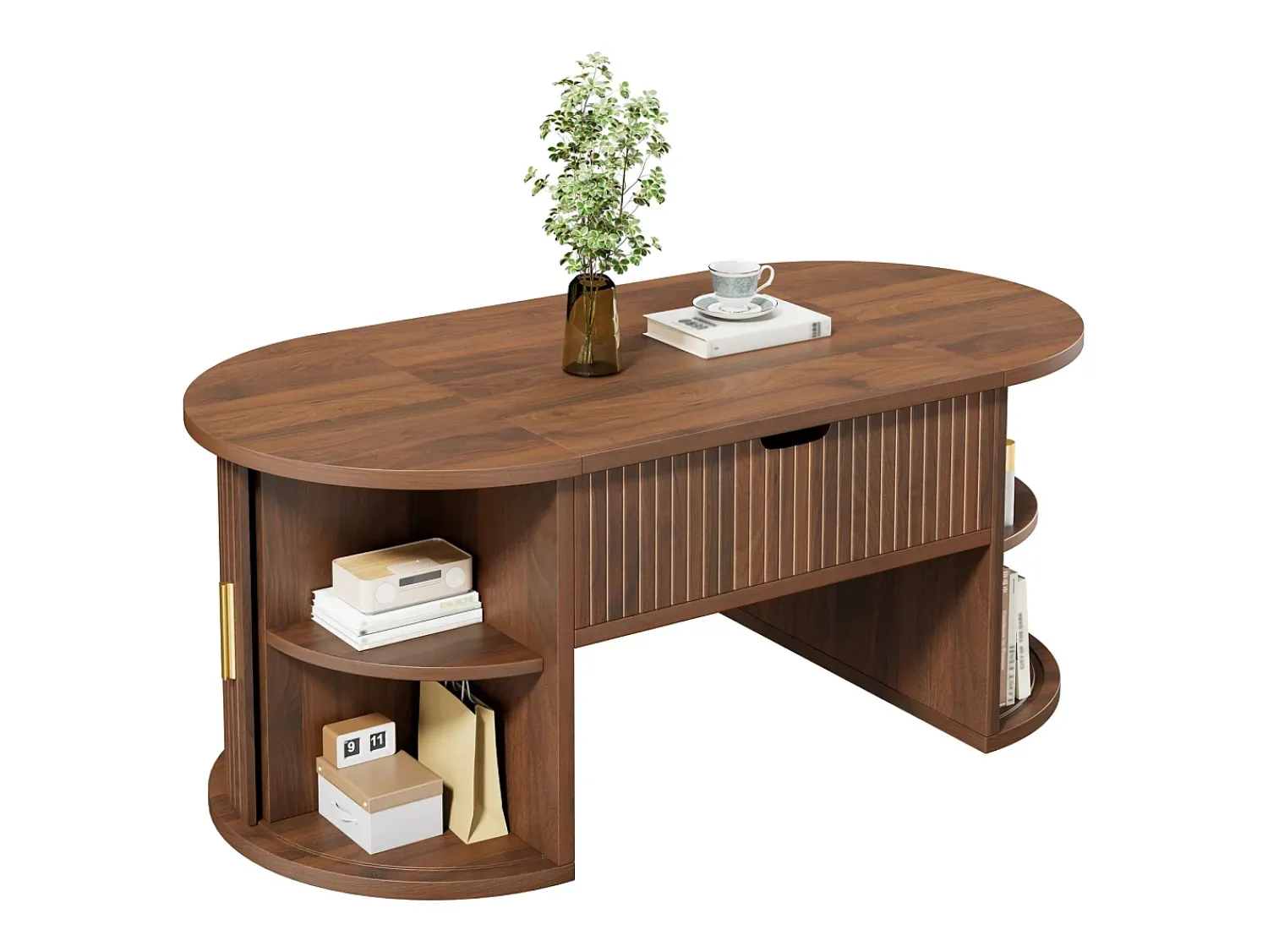 Mesa De Centro*ModernLuxe Mesa de centro ovalada ajustável em altura 100x50x40,5 cm - Prateleiras abertas e armazenamento oculto - 2 portas de correr - MDF - Marrom Castanho