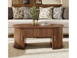 Mesa De Centro*ModernLuxe Mesa de centro ovalada ajustável em altura 100x50x40,5 cm - Prateleiras abertas e armazenamento oculto - 2 portas de correr - MDF - Marrom Castanho