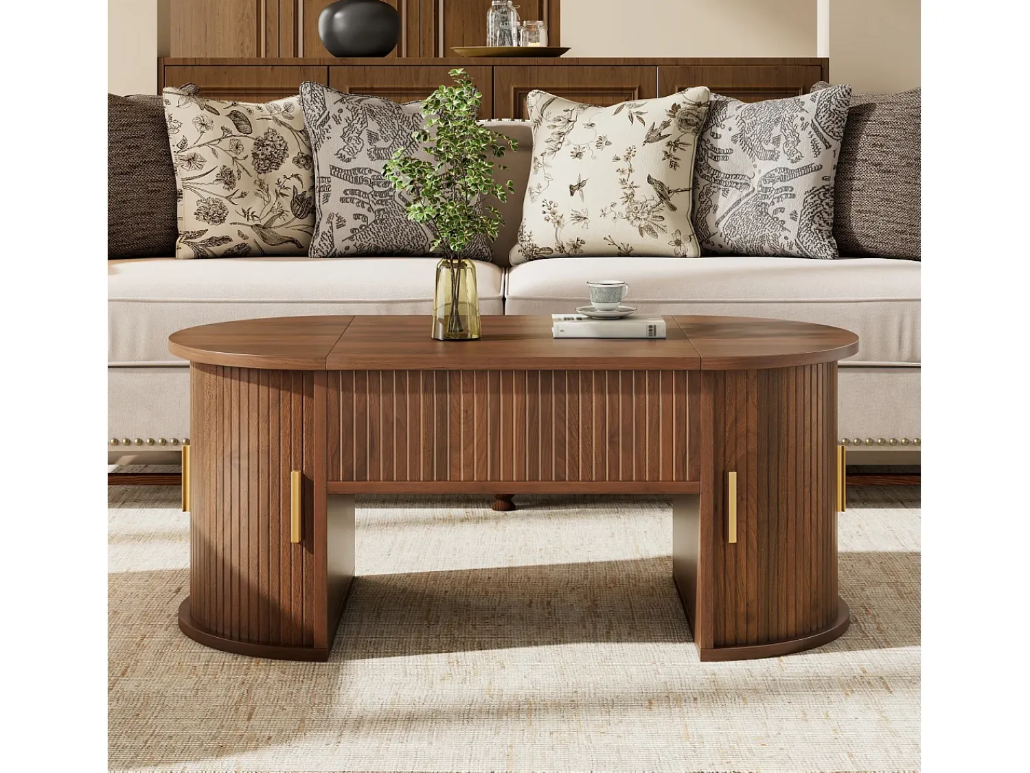 Mesa De Centro*ModernLuxe Mesa de centro ovalada ajustável em altura 100x50x40,5 cm - Prateleiras abertas e armazenamento oculto - 2 portas de correr - MDF - Marrom Castanho