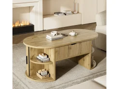 Mesa De Centro*ModernLuxe Mesa de centro ovalada ajustável em altura 100x50x40,5 cm - Prateleiras abertas e armazenamento oculto - 2 portas de correr - MDF - Natural Natural claro