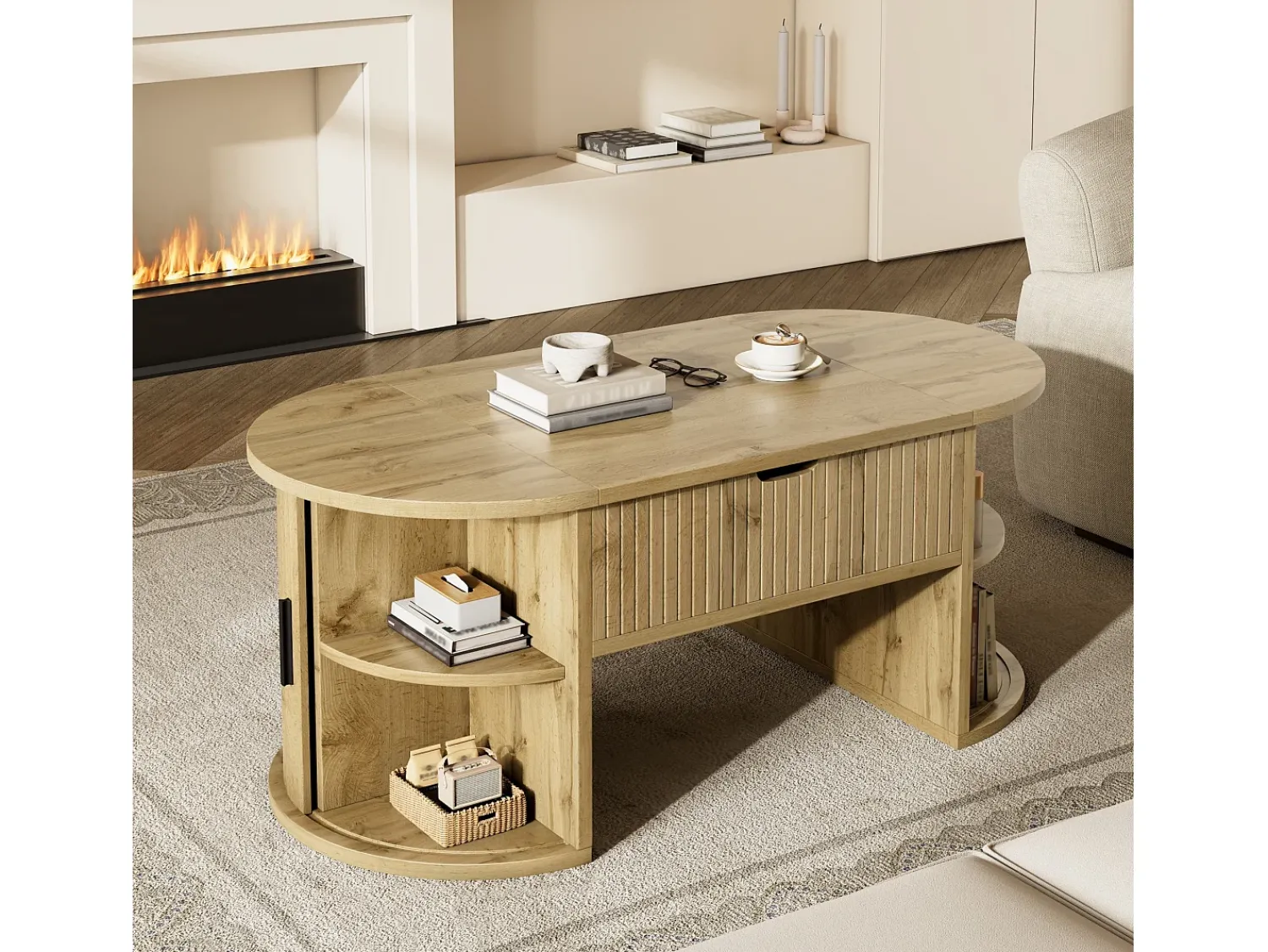 Mesa De Centro*ModernLuxe Mesa de centro ovalada ajustável em altura 100x50x40,5 cm - Prateleiras abertas e armazenamento oculto - 2 portas de correr - MDF - Natural Natural claro