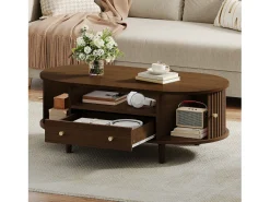 ModernLuxe Mesa de centro ovalada 100x50x36 cm - 1 gaveta e 2 portas de correr - Armazenamento aberto - Folheado nogueira - MDF - Marrom^ Mesa De Centro