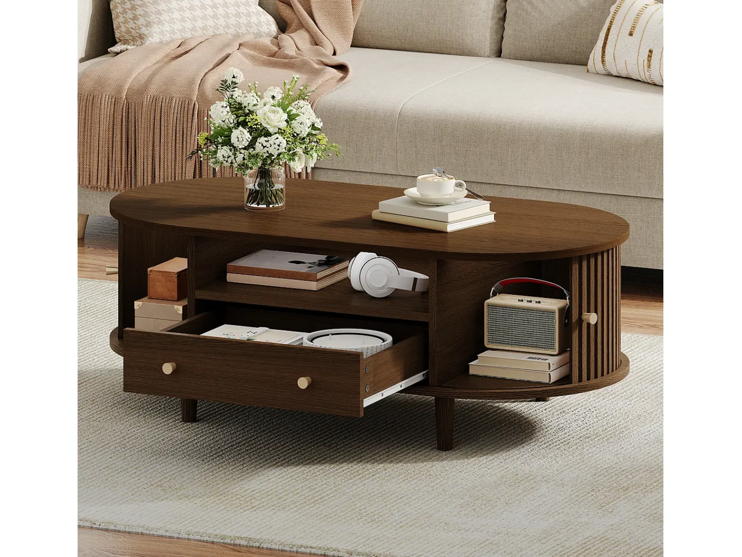 ModernLuxe Mesa de centro ovalada 100x50x36 cm - 1 gaveta e 2 portas de correr - Armazenamento aberto - Folheado nogueira - MDF - Marrom^ Mesa De Centro