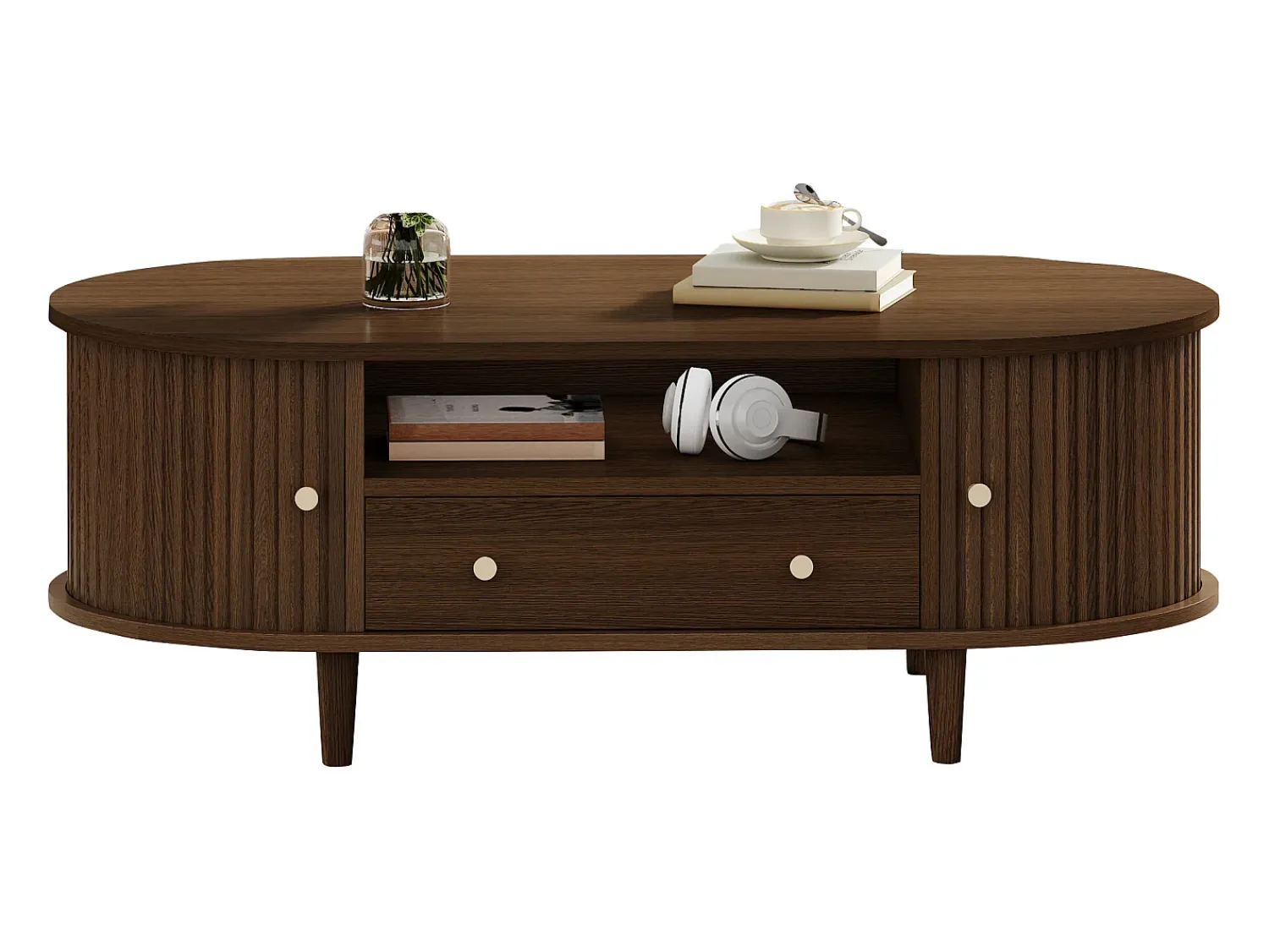 ModernLuxe Mesa de centro ovalada 100x50x36 cm - 1 gaveta e 2 portas de correr - Armazenamento aberto - Folheado nogueira - MDF - Marrom^ Mesa De Centro