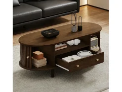 ModernLuxe Mesa de centro ovalada 100x50x36 cm - 1 gaveta e 2 portas de correr - Armazenamento aberto - Folheado nogueira - MDF - Marrom^ Mesa De Centro