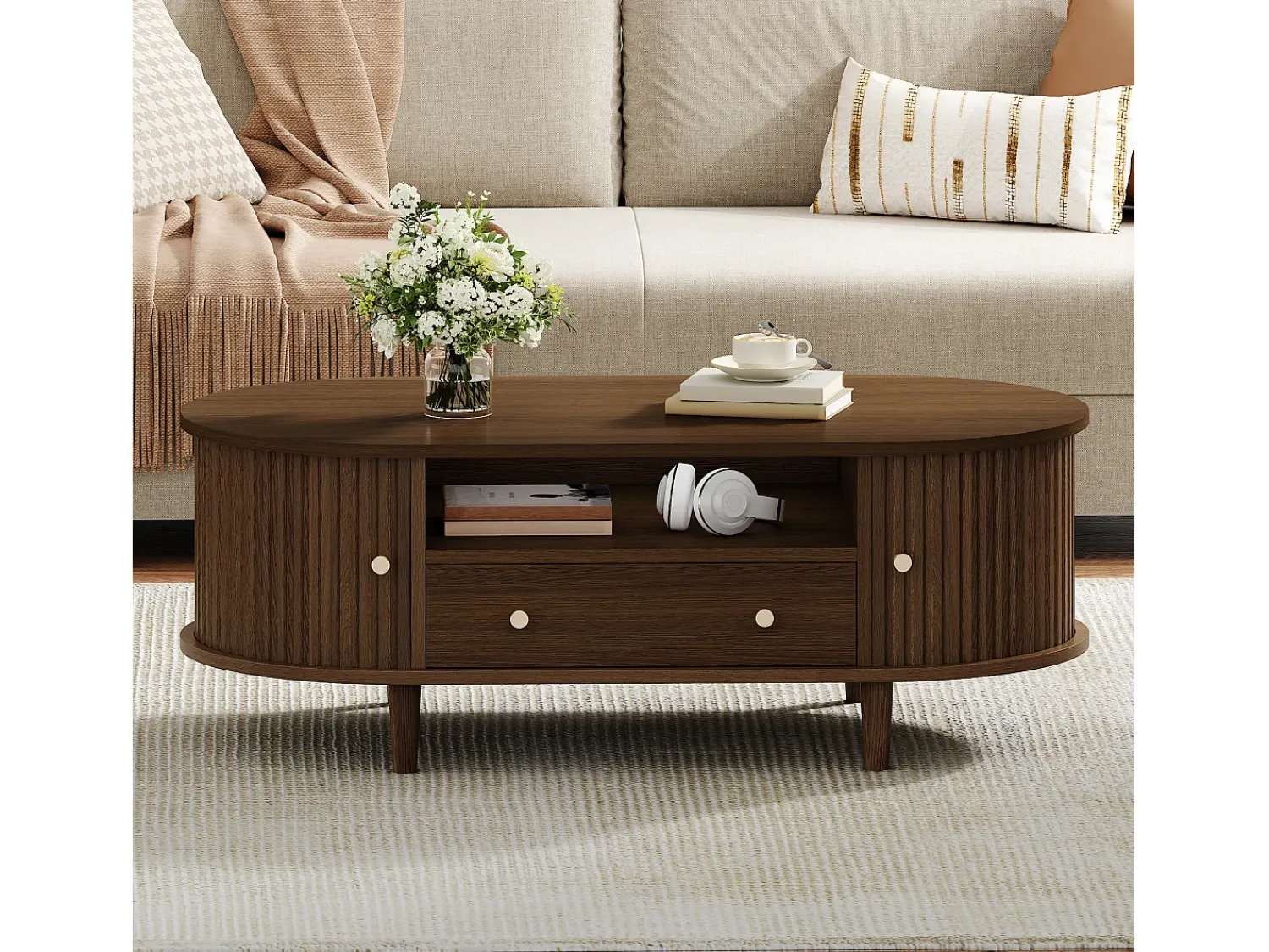 ModernLuxe Mesa de centro ovalada 100x50x36 cm - 1 gaveta e 2 portas de correr - Armazenamento aberto - Folheado nogueira - MDF - Marrom^ Mesa De Centro