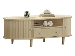 ModernLuxe Mesa de centro ovalada 100x50x36 cm - 1 gaveta e 2 portas de correr - Armazenamento aberto - Folheado nogueira - MDF - Natural^ Mesa De Centro