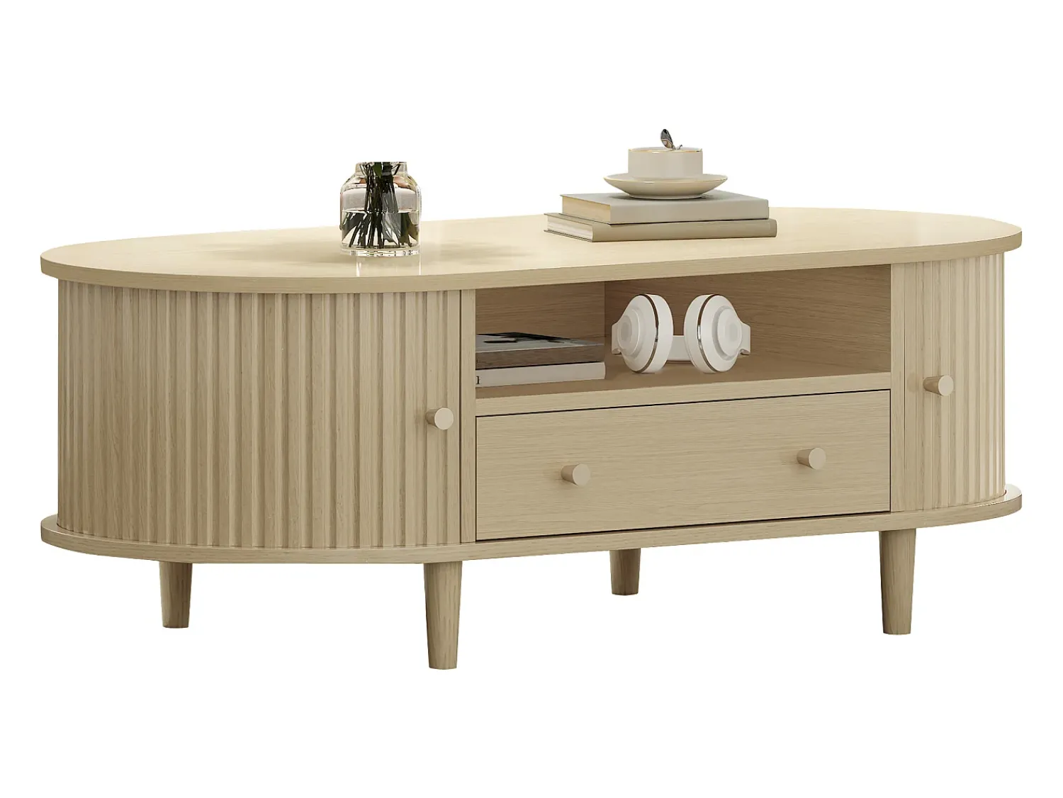 ModernLuxe Mesa de centro ovalada 100x50x36 cm - 1 gaveta e 2 portas de correr - Armazenamento aberto - Folheado nogueira - MDF - Natural^ Mesa De Centro
