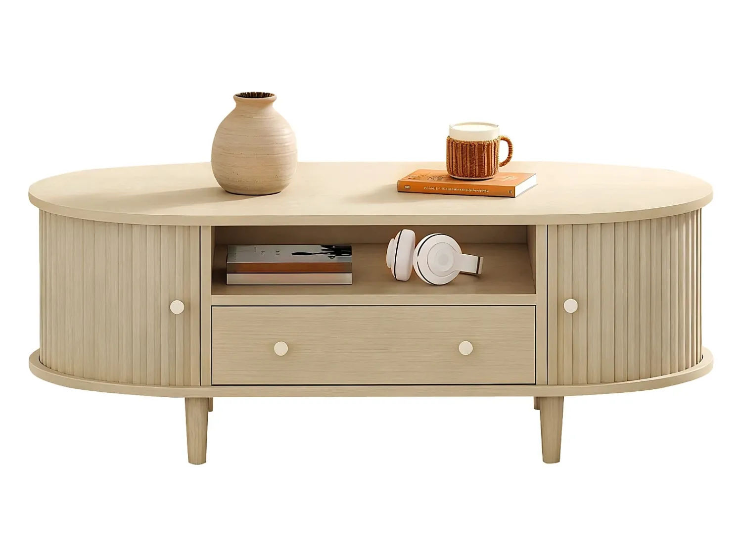 ModernLuxe Mesa de centro ovalada 100x50x36 cm - 1 gaveta e 2 portas de correr - Armazenamento aberto - Folheado nogueira - MDF - Natural^ Mesa De Centro