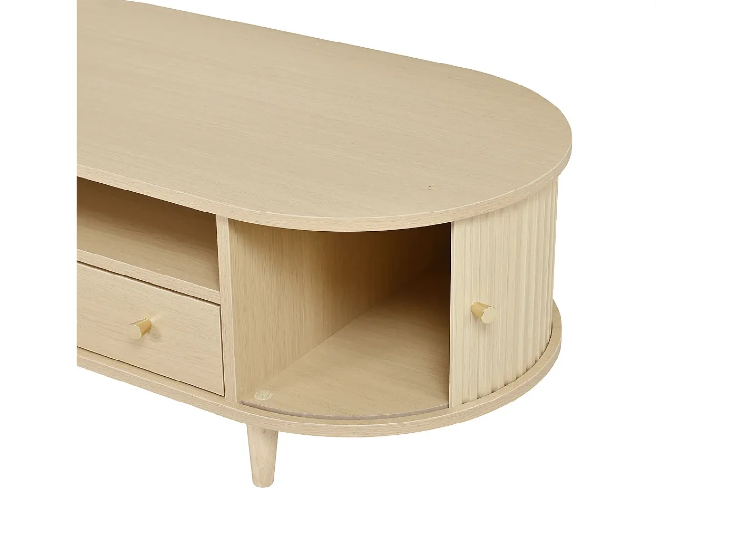 ModernLuxe Mesa de centro ovalada 100x50x36 cm - 1 gaveta e 2 portas de correr - Armazenamento aberto - Folheado nogueira - MDF - Natural^ Mesa De Centro