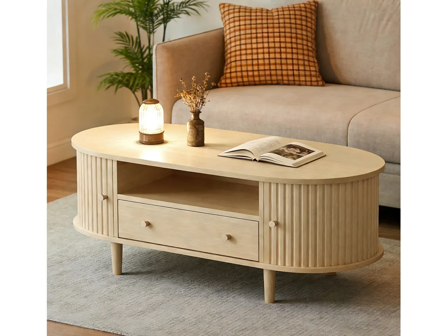ModernLuxe Mesa de centro ovalada 100x50x36 cm - 1 gaveta e 2 portas de correr - Armazenamento aberto - Folheado nogueira - MDF - Natural^ Mesa De Centro