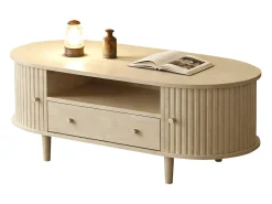 ModernLuxe Mesa de centro ovalada 100x50x36 cm - 1 gaveta e 2 portas de correr - Armazenamento aberto - Folheado nogueira - MDF - Natural^ Mesa De Centro