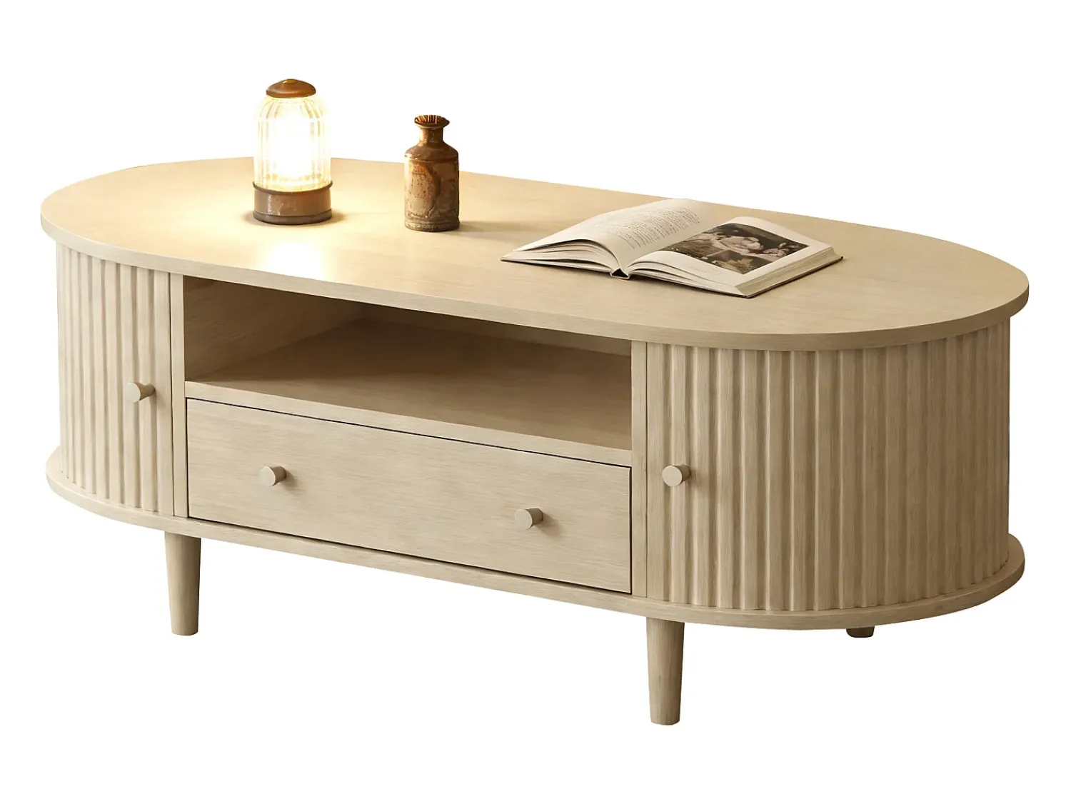 ModernLuxe Mesa de centro ovalada 100x50x36 cm - 1 gaveta e 2 portas de correr - Armazenamento aberto - Folheado nogueira - MDF - Natural^ Mesa De Centro