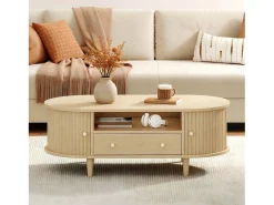 ModernLuxe Mesa de centro ovalada 100x50x36 cm - 1 gaveta e 2 portas de correr - Armazenamento aberto - Folheado nogueira - MDF - Natural^ Mesa De Centro