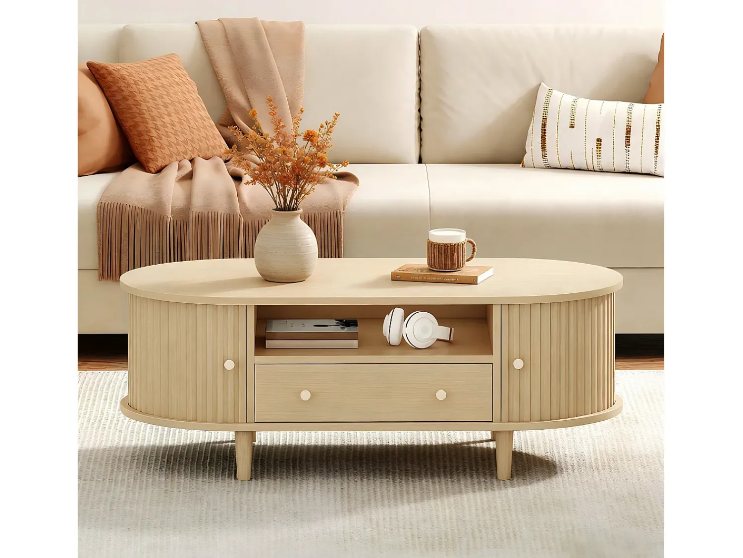 ModernLuxe Mesa de centro ovalada 100x50x36 cm - 1 gaveta e 2 portas de correr - Armazenamento aberto - Folheado nogueira - MDF - Natural^ Mesa De Centro