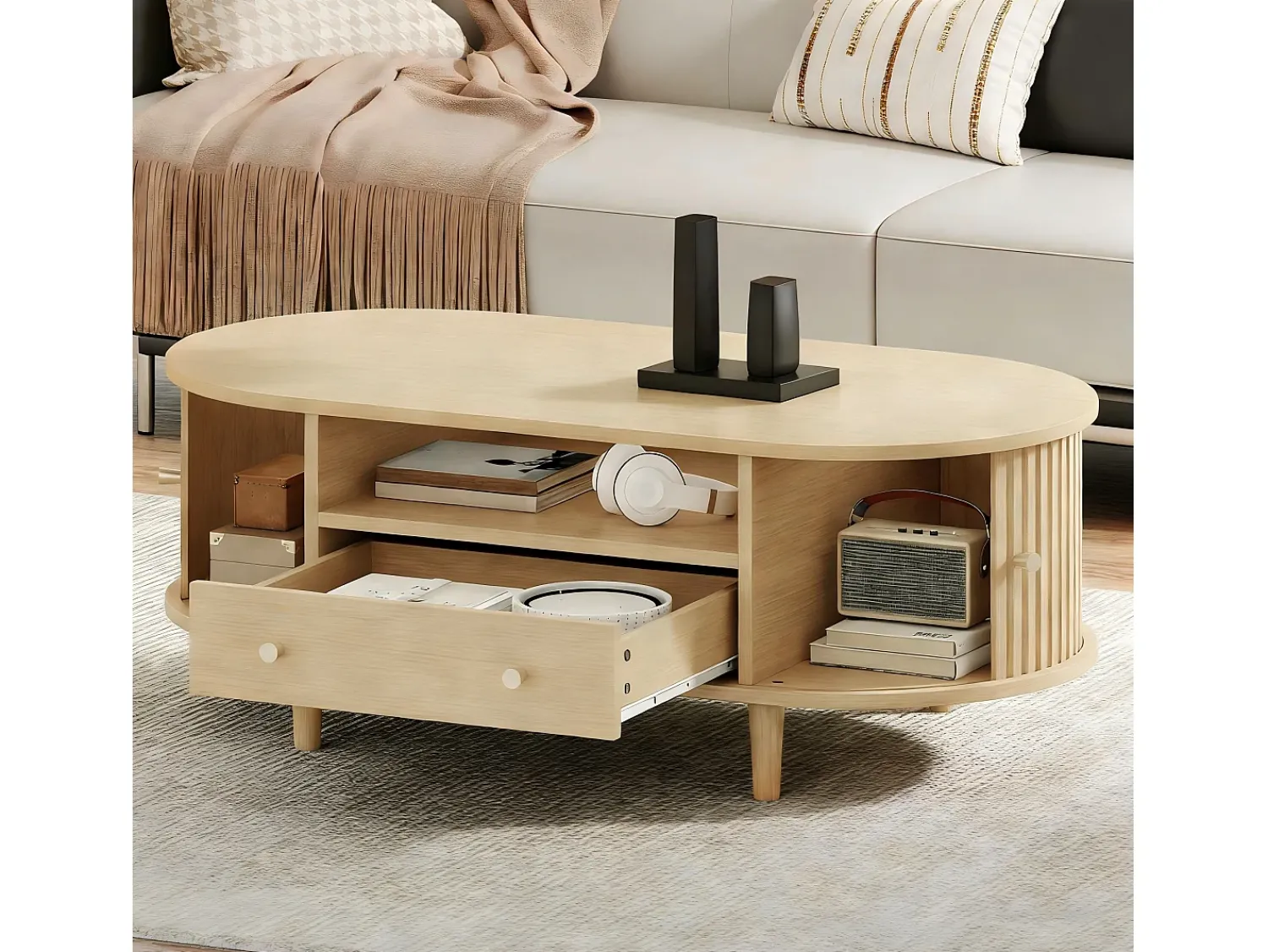 ModernLuxe Mesa de centro ovalada 100x50x36 cm - 1 gaveta e 2 portas de correr - Armazenamento aberto - Folheado nogueira - MDF - Natural^ Mesa De Centro