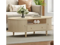 ModernLuxe Mesa de centro ovalada 100x50x36 cm - 1 gaveta e 2 portas de correr - Armazenamento aberto - Folheado nogueira - MDF - Natural^ Mesa De Centro