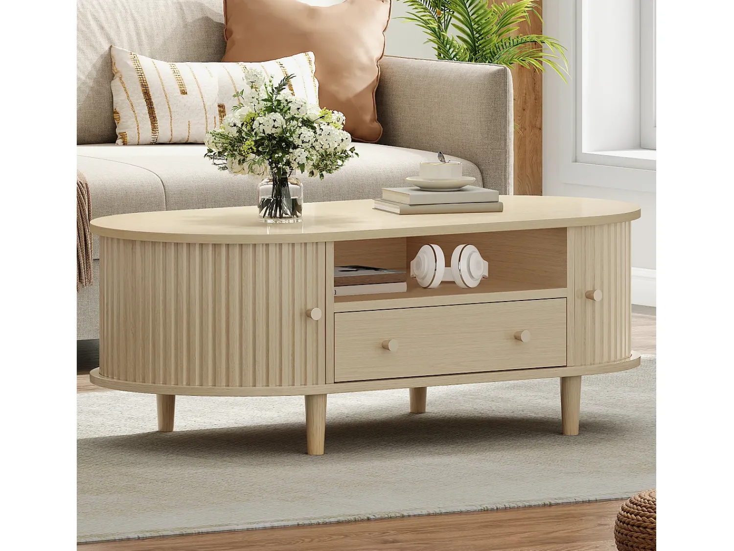 ModernLuxe Mesa de centro ovalada 100x50x36 cm - 1 gaveta e 2 portas de correr - Armazenamento aberto - Folheado nogueira - MDF - Natural^ Mesa De Centro