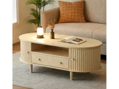 Merax Mesa de centro para sala de estar - 100 x 50 x 36 cm - com gaveta + espaço de armazenamento aberto + portas de correr - MDF - cor natural^ Mesa De Centro