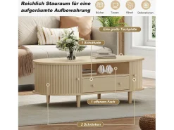 Merax Mesa de centro para sala de estar - 100 x 50 x 36 cm - com gaveta + espaço de armazenamento aberto + portas de correr - MDF - cor natural^ Mesa De Centro