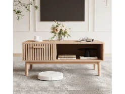 Consola| Mesa de centro para sala de estar com armazenamento - tampo resistente, pernas de madeira maciça, painel de arte arejado, gerenciamento de cabos, 100x50x43 cm Natural claro
