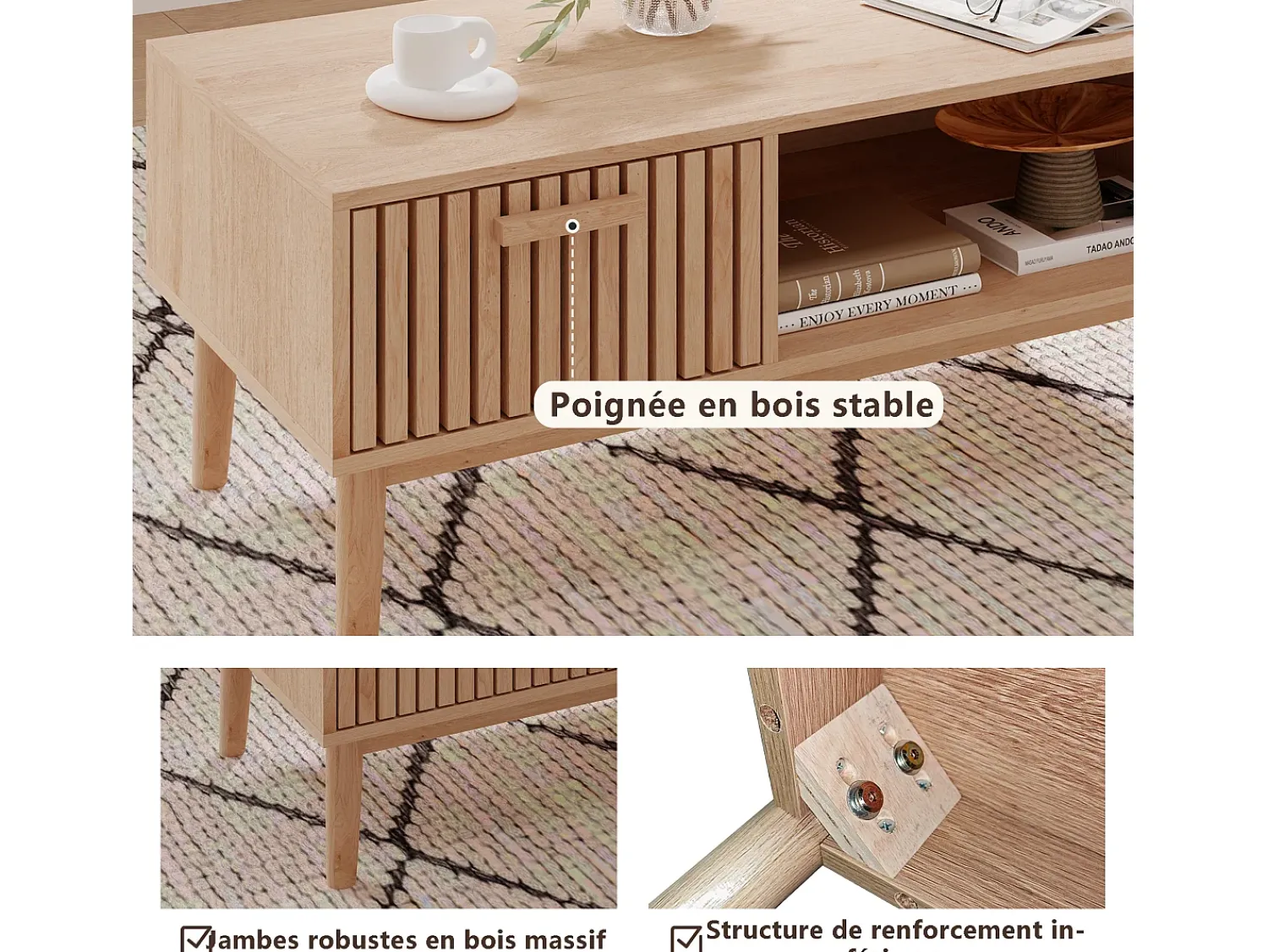 Consola| Mesa de centro para sala de estar com armazenamento - tampo resistente, pernas de madeira maciça, painel de arte arejado, gerenciamento de cabos, 100x50x43 cm Natural claro