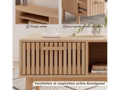 Consola| Mesa de centro para sala de estar com armazenamento - tampo resistente, pernas de madeira maciça, painel de arte arejado, gerenciamento de cabos, 100x50x43 cm Natural claro