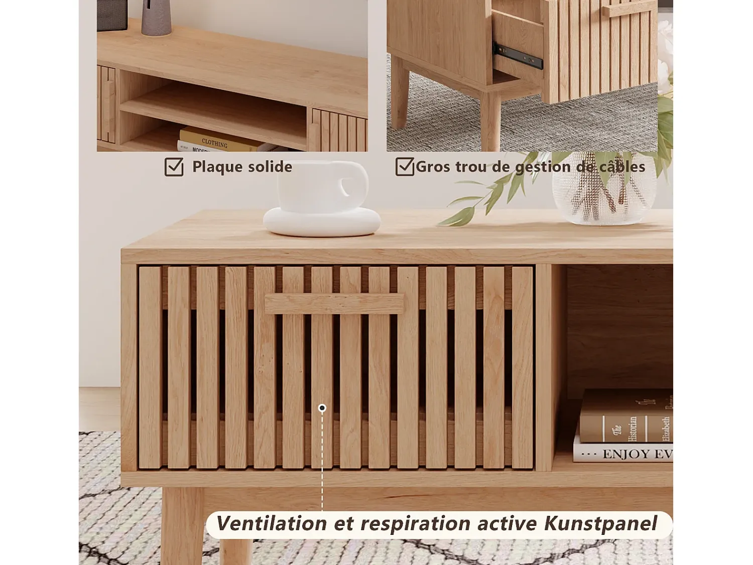Consola| Mesa de centro para sala de estar com armazenamento - tampo resistente, pernas de madeira maciça, painel de arte arejado, gerenciamento de cabos, 100x50x43 cm Natural claro