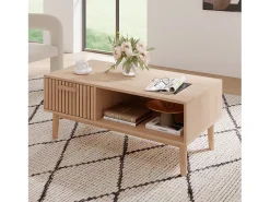 Consola| Mesa de centro para sala de estar com armazenamento - tampo resistente, pernas de madeira maciça, painel de arte arejado, gerenciamento de cabos, 100x50x43 cm Natural claro