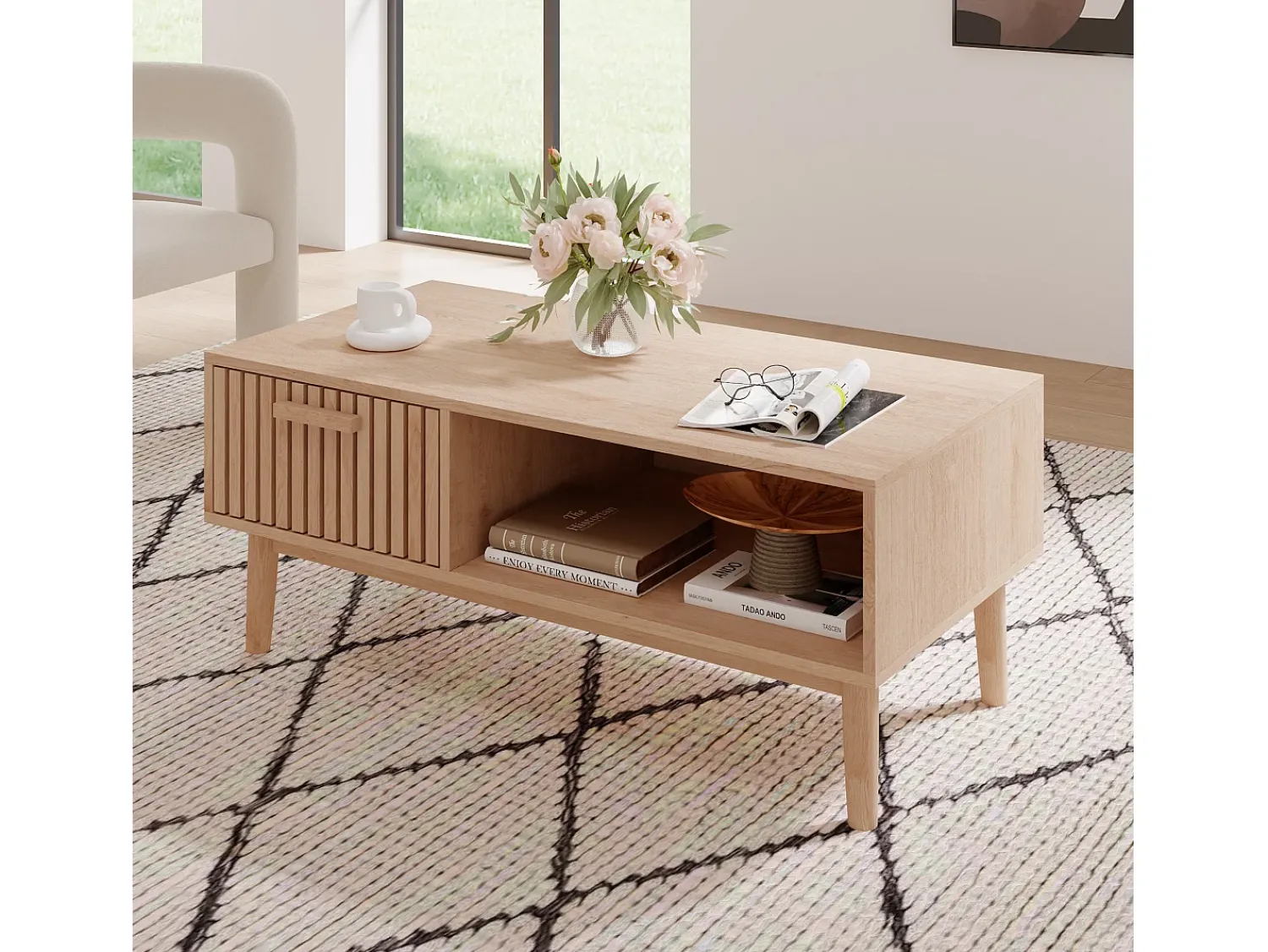 Consola| Mesa de centro para sala de estar com armazenamento - tampo resistente, pernas de madeira maciça, painel de arte arejado, gerenciamento de cabos, 100x50x43 cm Natural claro