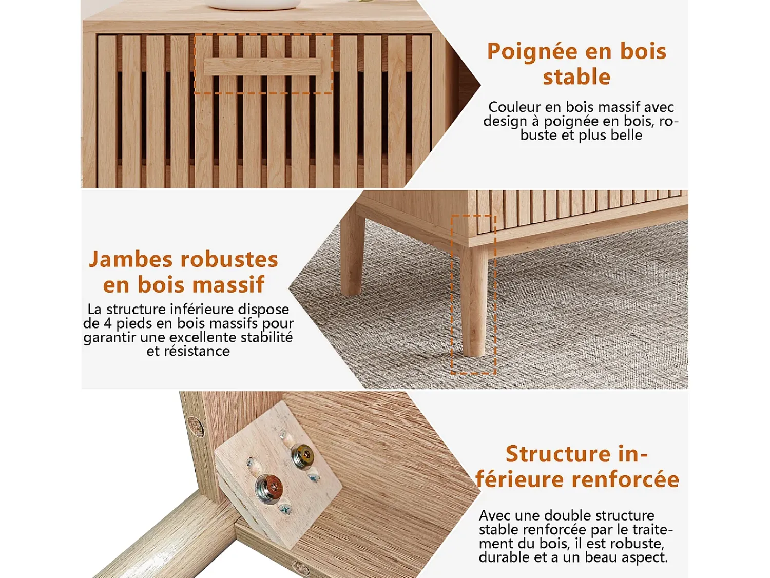 Consola| Mesa de centro para sala de estar com armazenamento - tampo resistente, pernas de madeira maciça, painel de arte arejado, gerenciamento de cabos, 100x50x43 cm Natural claro