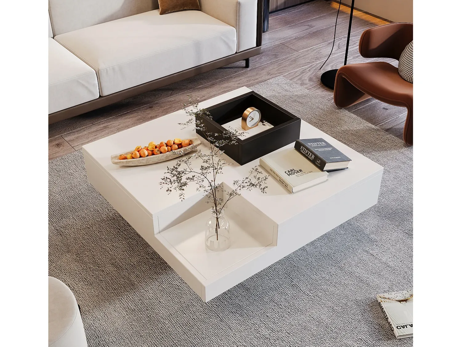 Hot Mesa de centro para sala de estar 72x72x30 cm - Mesa de centro branca com caixa de arrumação amovível - iluminação LED Branco