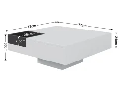 Hot Mesa de centro para sala de estar 72x72x30 cm - Mesa de centro branca com caixa de arrumação amovível - iluminação LED Branco