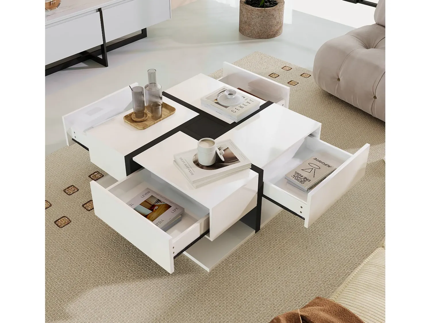 Clearance Mesa de centro para sala de estar com 4 gavetas, design moderno, duas prateleiras, multifuncional, branca. Branco