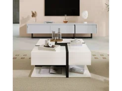 Clearance Mesa de centro para sala de estar com 4 gavetas, design moderno, duas prateleiras, multifuncional, branca. Branco