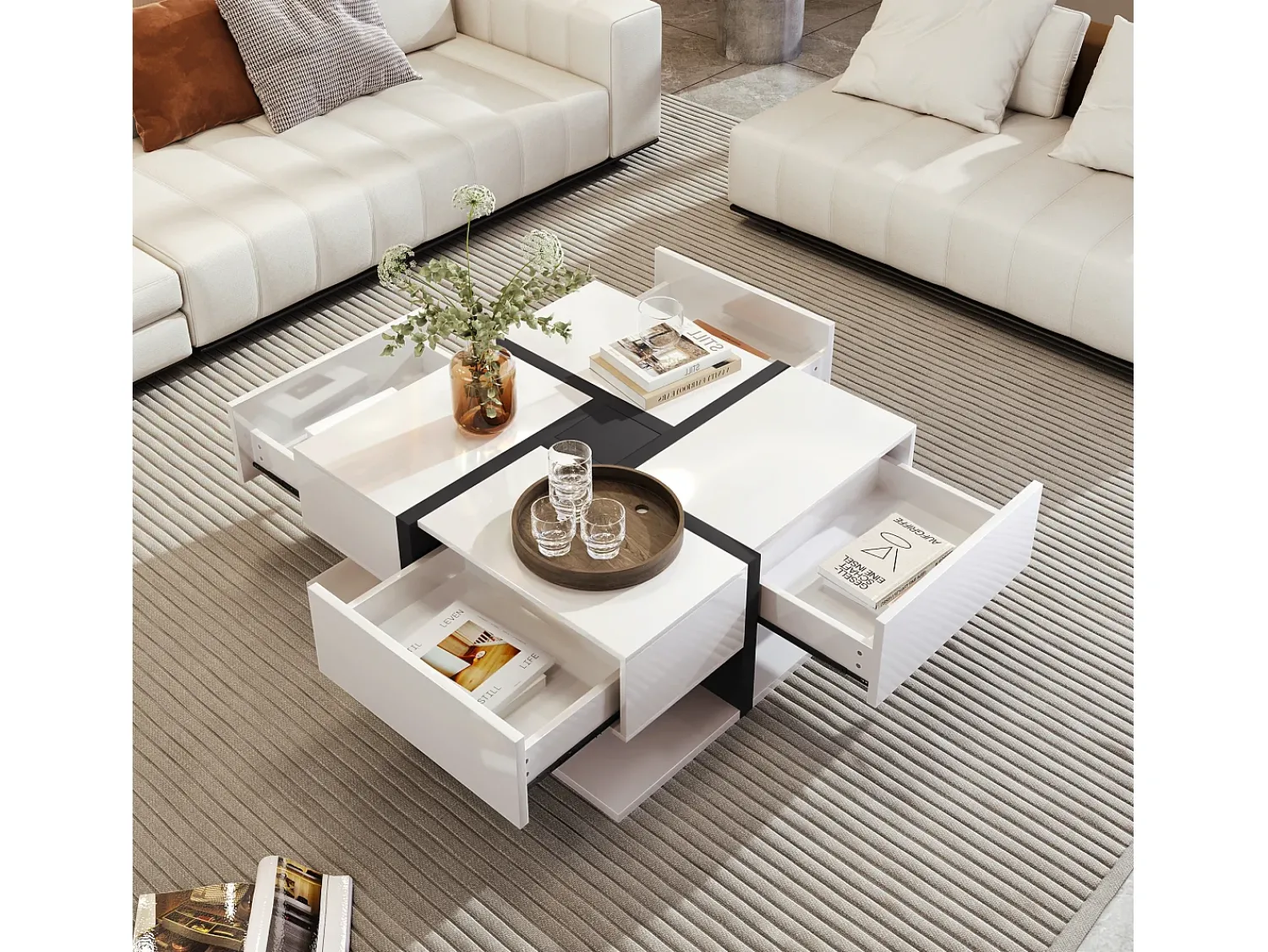 Clearance Mesa de centro para sala de estar com 4 gavetas, design moderno, duas prateleiras, multifuncional, branca. Branco