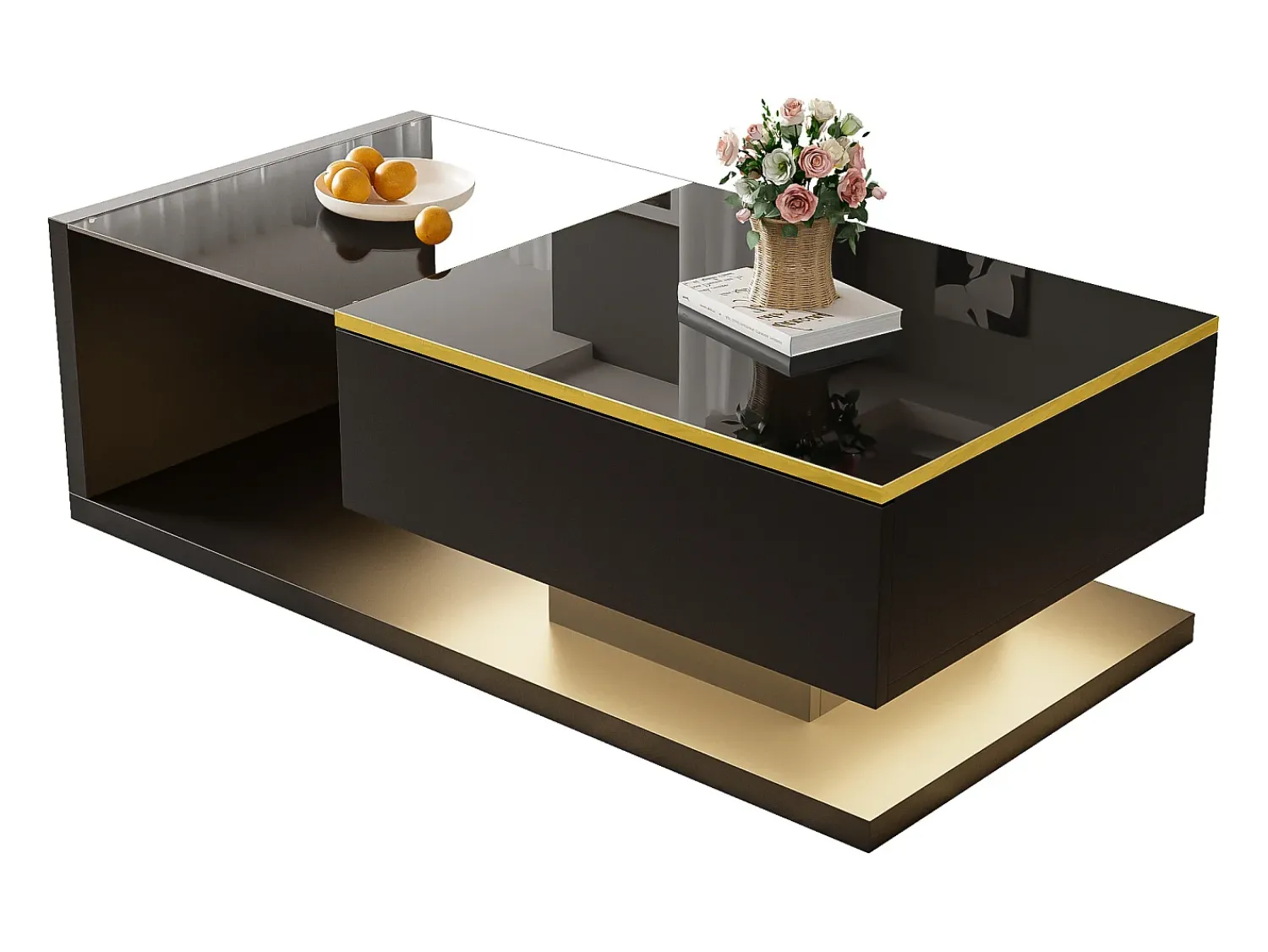 New Mesa de centro preta 100 cm - Mesa de centro com iluminação LED e divisórias - espaço de arrumação aberto - para sala de estar Preto
