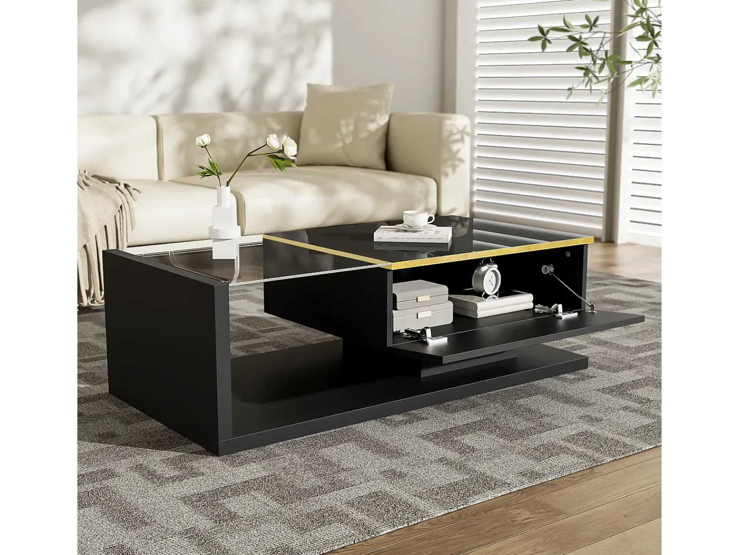 New Mesa de centro preta 100 cm - Mesa de centro com iluminação LED e divisórias - espaço de arrumação aberto - para sala de estar Preto