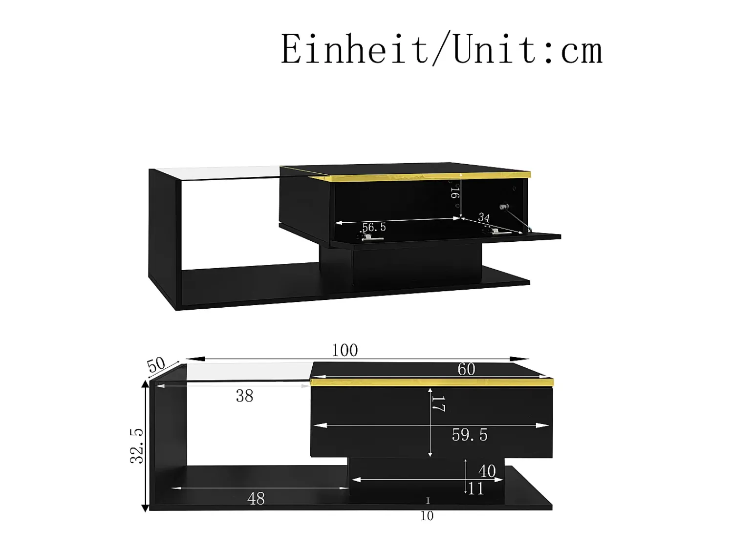 New Mesa de centro preta 100 cm - Mesa de centro com iluminação LED e divisórias - espaço de arrumação aberto - para sala de estar Preto