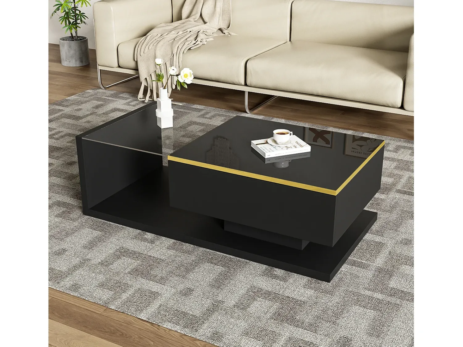 New Mesa de centro preta 100 cm - Mesa de centro com iluminação LED e divisórias - espaço de arrumação aberto - para sala de estar Preto