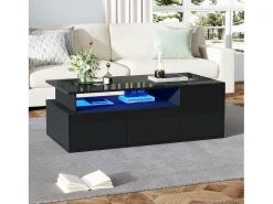 Mesa de centro preta - Mesa de centro com iluminação LED e 2 gavetas - Arrumação aberta^ Mesa De Centro