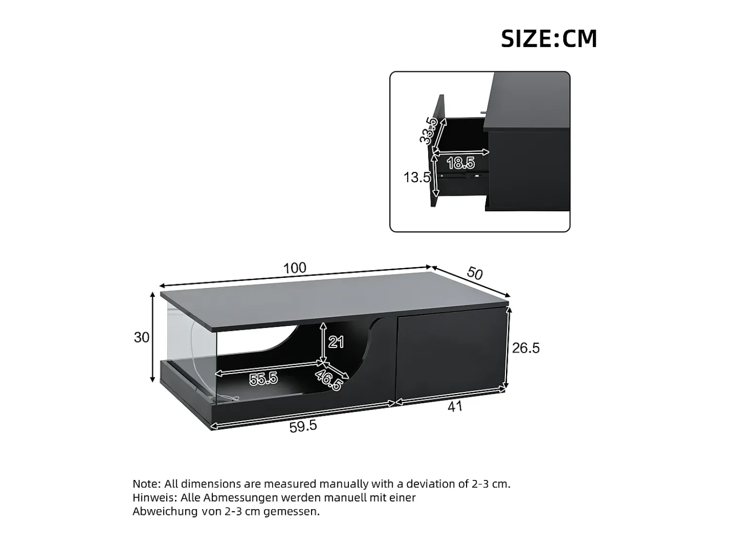 Mesa De Centro* Mesa de centro preta - Mesa de centro com iluminação LED e 2 gavetas - arrumação aberta Preto