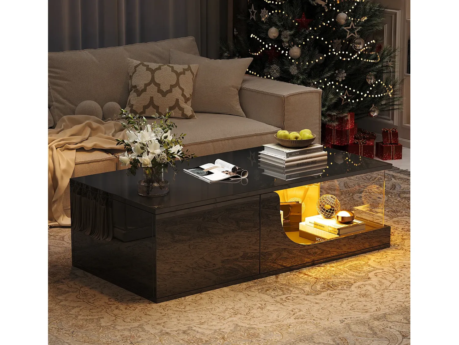 Mesa De Centro* Mesa de centro preta - Mesa de centro com iluminação LED e 2 gavetas - arrumação aberta Preto