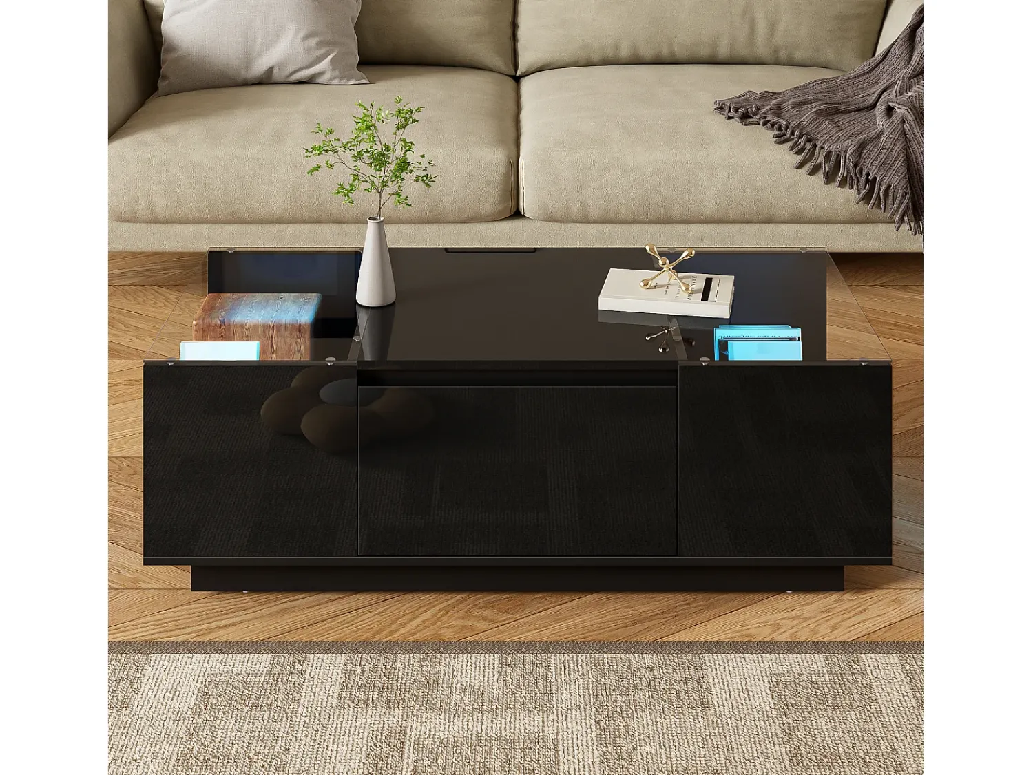 Discount Mesa de centro preta - Mesa de centro com iluminação LED e 2 gavetas - Tampo em vidro Preto