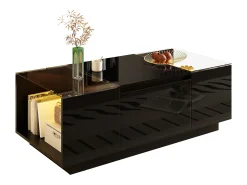 Discount Mesa de centro preta - Mesa de centro com iluminação LED e 2 gavetas - Tampo em vidro Preto