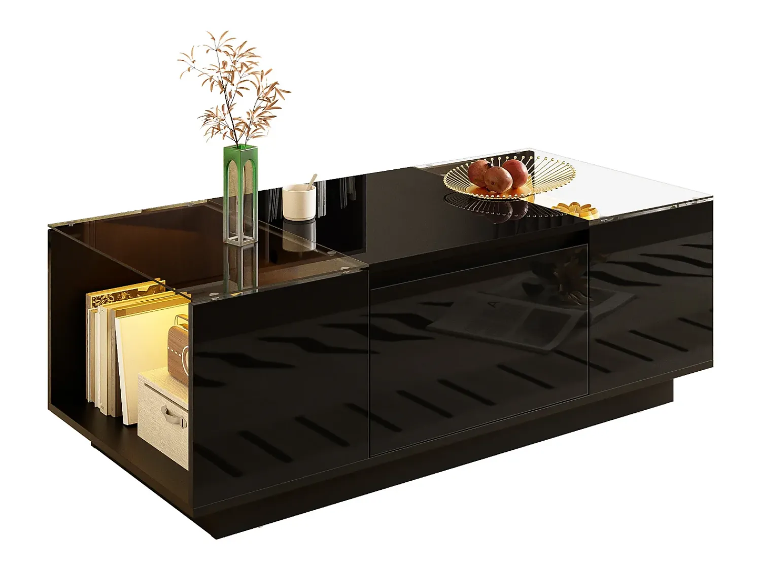 Discount Mesa de centro preta - Mesa de centro com iluminação LED e 2 gavetas - Tampo em vidro Preto