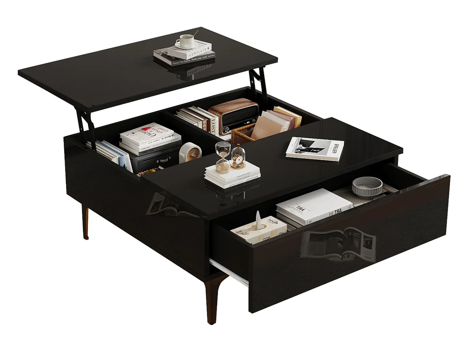 Mesa De Centro* Mesa de centro preta - Mesa de centro com iluminação LED e 1 gaveta - altura ajustável - para sala de estar Preto